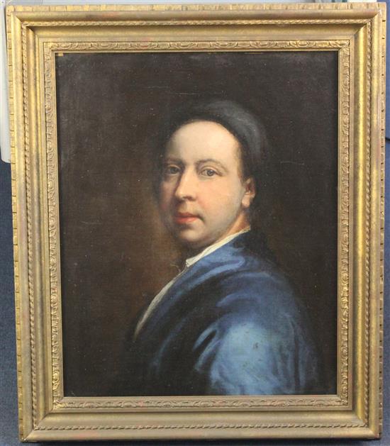 Early 18th century English School Portrait of a gentleman wearing a blue coat, 23.5 x 17.5in.
